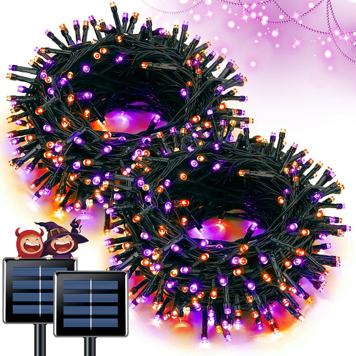 JMEXSUSS Orange and Purple Solar Halloween Lights, 2 Pack Each 100 Led Solar String Lights Outdoor Waterproof for Halloween Tree Christmas Decoration