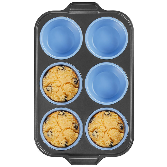 BRONYPRO Jumbo Silicone Muffin Pan with Metal Frame, 3.5" Large Muffin Tins, Non-Toxic Food Grade Silicone, Non-Stick for Egg Bites & Big Cupcakes, Oven Safe, Blue