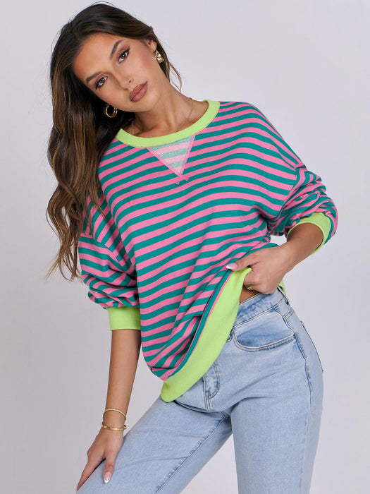 ANRABESS Women Striped Sweatshirt Long Sleeve Shirts Crewneck Oversized Casual Pullover Top 2024 Fall Fashion Outfits Clothes Pink Green Large