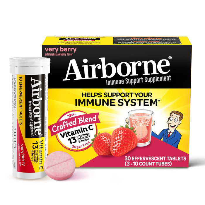 Airborne 1000mg Vitamin C with Zinc, SUGAR FREE Effervescent Tablets, Immune Support Supplement with Powerful Antioxidants Vitamins A C & E - 30 Fizzy Drink Tablets, Very Berry Flavor