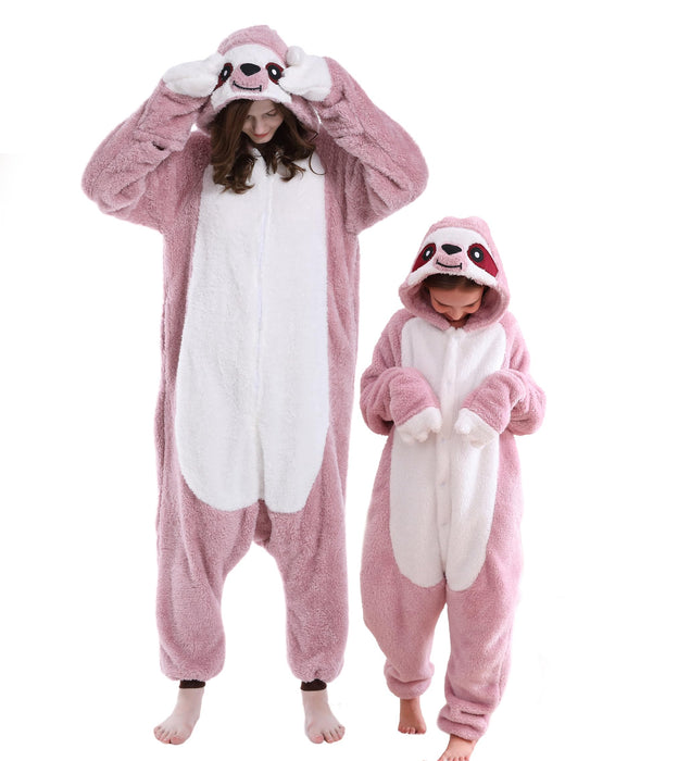 DELEY Unisex One Piece Animal Adult Pink Sloth Onesie, Animal Pajamas Halloween Cosplay Costume for Women and Mens Parent-Child Sleepwear