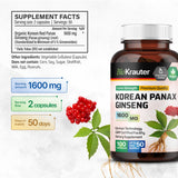 Panax Ginseng Capsules - Organic Korean Ginseng Pills - Natural Energy Supplement - Immune Support - Vegan Caps 1600 mg Serving