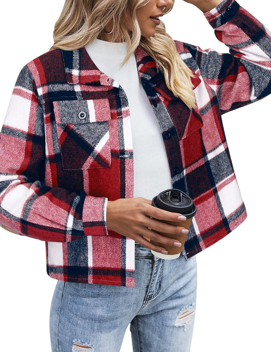 Zeagoo Flannel Shirts for Women Cropped Plaid Jacket Shacket Button Down Winter Red Christmas Jackets Coats