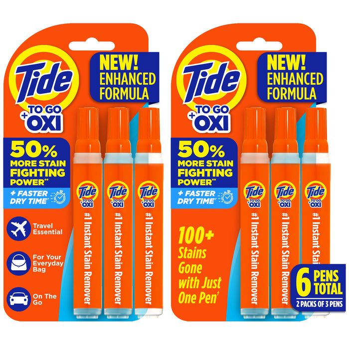 Tide Pen Stain Remover for Clothes, To Go Pen, Instant Stain Remover Pen & Spot Cleaner, Portable & Travel-Friendly, Works on Food & Drink Stains, Fits in Purses & Bags, 3 Count (Pack of 2)