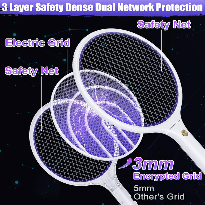 Electric Fly Swatter Racket 3000V Bug Zapper 2 in 1 Mosquito Zapper USB Rechargeable, 1200mAh Mosquitoes Killer Lamp & Fly Zapper with 3 Layer Safety Mesh for Home, Bedroom, Kitchen, Patio (2 Pack)