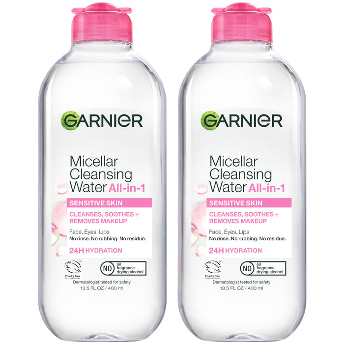Garnier Micellar Water, Hydrating Facial Cleanser & Makeup Remover, Suitable for Sensitive Skin, Vegan, Cruelty Free, 13.5 Fl Oz (400mL), 2 Count