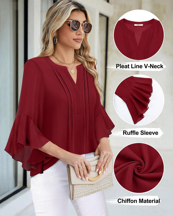 Timeson Fall Blouses for Women 2024: Business Casual - Women Work Tops - Womens Dress Shirts Fashion V Neck Ladies Office Top Fall Professional Attire Wrinkle Free Chiffon Tunics Christmas Wear Red XL