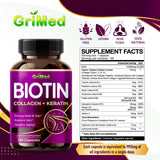 GriMed BIOTIN with Collagen + Keratin 7,275mg Strong Nails & Hair, Radiant Skin, Healthy Aging- USA Made & Tested (150 Count (Pack of 1))