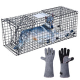 Qualirey Heavy Duty Large Live Animal Cage Trap with Bite Proof Gloves 50'' x 20'' x 26'' Black Folding Live Humane Animal Trap for Coyote, Dogs, Opossums, Groundhogs, Squirrel, Raccoons, Cats, Foxes