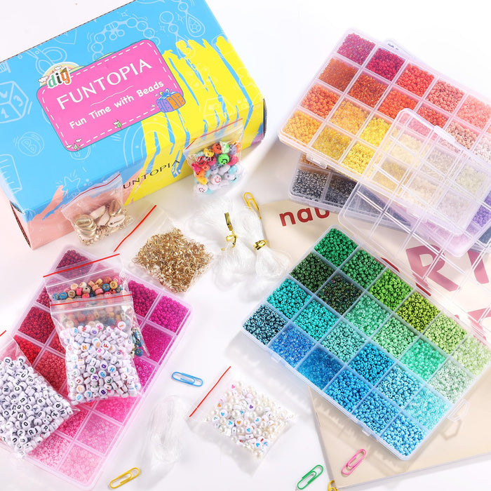 Funtopia 4mm 13000pcs+ Seed Beads for Jewelry Making, 120 Colors Small Glass Beads for Bracelets, Friendship Bracelet Kit with Alphabet Letter Bead Smile Face Bead for DIY, Art and Craft