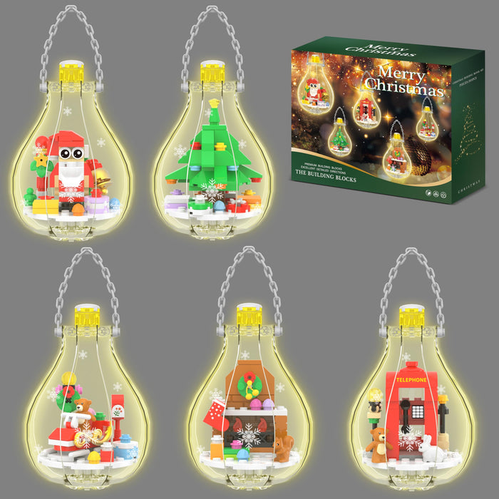 Christmas Ornaments Building Block Set, Compatible with Lego Christmas Tree Decorations Bulbs with Warm Light, Santa Claus Sleigh Phone Booth Fireplace Building Sets Gifts Stocking Stuffers (5 Pack)