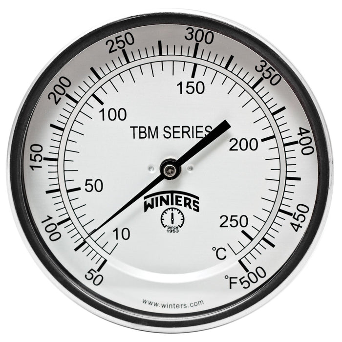 Winters TBM Series Stainless Steel 304 Dual Scale Bi-Metal Thermometer, 4" Stem, 1/2" NPT Fixed Center Back Mount Connection, 5" Dial, 50-500 F/C Range