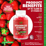 Vitamin D3 5000IU / 10,000IU Gummies for Adults & Kids (120 Count) - Immune System, Bone & Joint Support - Gluten-Free, Non-GMO, 100% Vegetarian, Great Tasting Strawberry Flavor - 4 Month Supply