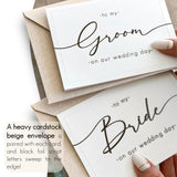 Shoppau Set of 2 Bride and Groom Wedding Day Cards - Linen Textured Cardstock - Elegant Script - 4.875" x 3.75" Folded - Embossed Border - Set of 2 Cardstock Beige Envelopes (Black Foil)