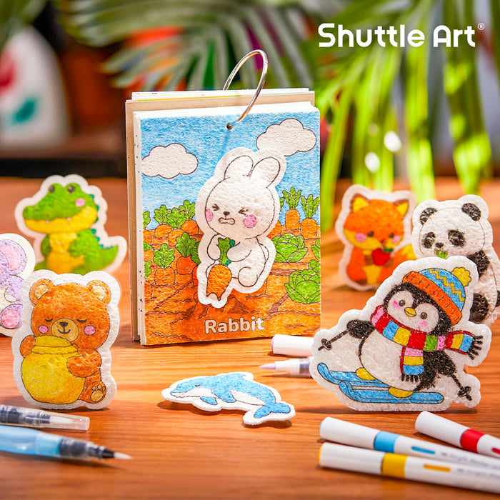 Shuttle Art 63 Pcs Magic Foam Texture Painting Kit – Animal Series: 15 Animal Foam Pieces, Coloring Book with 15 Scenes, 12 Acrylic Paint Markers, Magical 3D Effect DIY Art Craft
