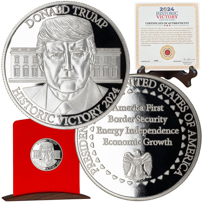 Donald Trump 2024, AS-SEEN-ON-TV Victory Commemorative Coin, Pure .999 Silver Layered, Limited Edition, Historic Election Collectible with Display Case and Certificate