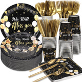 168PCS We Will Miss You Party Supplies Disposable Party Dinnerware - Black Paper Plates Napkins Cups, Plastic Forks Knives Spoons for Farewell Anniversary Retirement Graduation Party Decorations