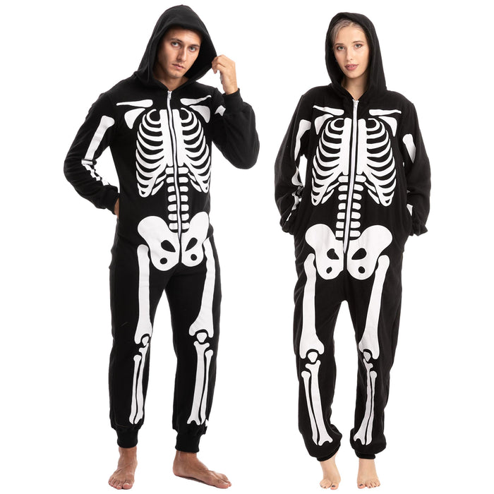 Spooktacular Creations Halloween Skeleton Costume, Adult Skeleton Costume, Unisex Adult Jumpsuit Plush Hoodie Zipper Jumpsuit for Men Women Halloween Dress-up Cosplay Themed Parties Black