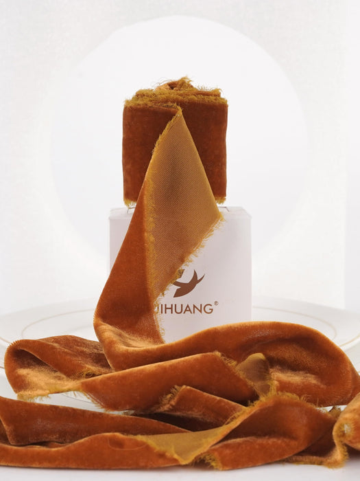 HUIHUANG Burnt Orange Velvet Ribbon 2 inch Handmade Frayed Silk Velvet Ribbon for Flower Bouquet, Gift Wrapping, Invitations, Holiday Christmas Decor, Wedding Fall Decor-3 Yards