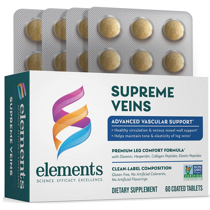 Elements Supreme Veins, 60 Tablets (30 Day Supply), Advanced Vascular Support Supplement, Supports Healthy Circulation and Elasticity in Leg Veins, Gluten Free, Non-GMO Certified