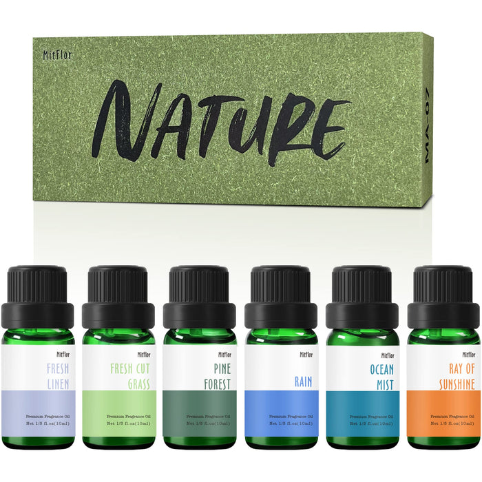 Fragrance Oils, MitFlor Nature Set of Essential Oils for Diffusers for Home, Soap & Candle Making Scents, Aromatherapy Oil Gift Set, Ocean Mist, Rain, Pine Forest and More, 6x10ml