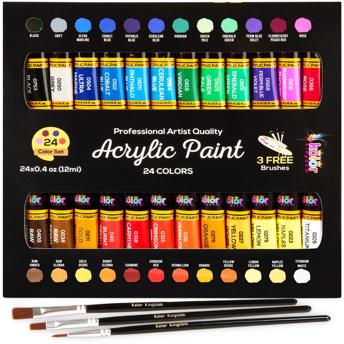 Acrylic Paint Set Canvas Art Paints 24 Colors Perfect Paint Finish (0.41oz,12 ml) With 3 Brushes - Painting Canvas, Paper, Wood, Rock, MDF, Ceramic & Fabric