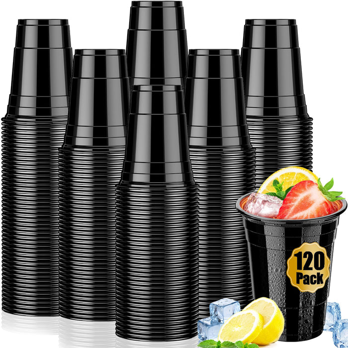 120 Pack 16 oz Black Cups, Heavy Duty Black Plastic Cups for Party, Cold Drinks, BBQ, Black Disposable Cups for Christmas, Halloween, Wedding, Birthday, Picnic, Serving and Celebrations