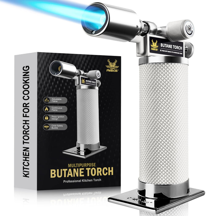 RAVS Butane Torch Lighter, Refillable Cooking Torch with Safety Lock and Adjustable Flame, Creme Brulee Torch for Baking, BBQ, White Mini Torch for Cooking, Gifts for Women, Butane Gas Not Included