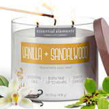 Essential Elements by Candle-lite Scented Candles, Vanilla & Sandalwood Fragrance, One 14.75 oz. Three-Wick Aromatherapy Candle with 45 Hours of Burn Time, Off-White Color