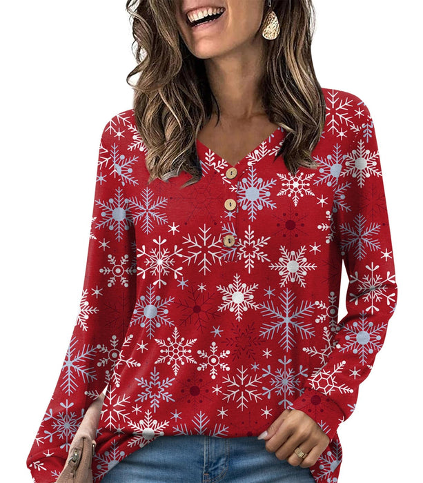 HOTGIFT Women Christmas Tunic Long Sleeve Tshirts Loose V-Neck Blouse Warm Sweater Tops Snowflake-Red Large