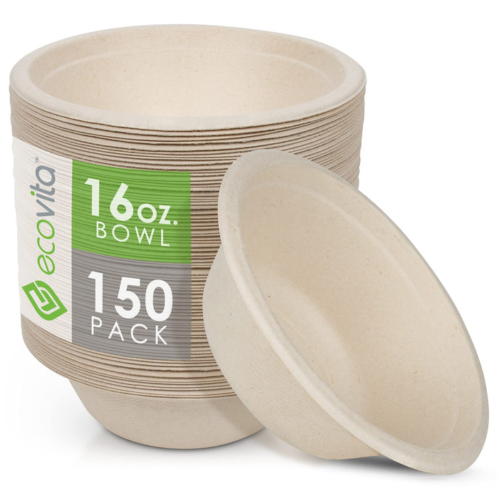 Ecovita 100% Compostable Paper Bowls [16 oz.] – 150 Disposable Bowls Eco Friendly Sturdy Tree Free Liquid and Heat Resistant Alternative to Plastic or Paper Bowls