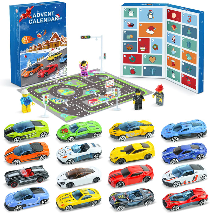 2024 Advent Calendar Kids Christmas 24 Days Countdown Calendar With Racing Vehicles Building Block Figure Traffic Sign Set Surprises Xmas Party Favor Gifts for Boys Girls