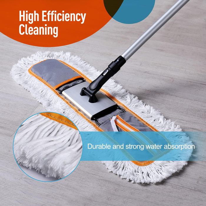 CLEANHOME 24" Commercial Dust Mop for Floor Cleaning, Heavy Duty Floor Mop with 2 Microfiber Mop Pads Wet and Dry Flat Mop, Commercial Cleaning Tools for Marble, Laminate, Hardwood Floor Sweeping,Grey