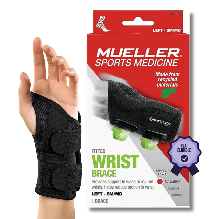 MUELLER Sports Medicine Green Fitted Wrist Brace, Wrist Pain Relief Support for Men and Women, Ideal for Carpal Tunnel, Tendinitis, Arthritis, Left Hand, Black, Small/Medium