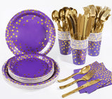 HOMIX Purple and Gold Party Supplies 175 Pieces Disposable Purple Paper Plates Napkins Cups, Gold Plastic Forks Knives Spoons for Mardi Gras, Birthday Decor, Cocktail Party