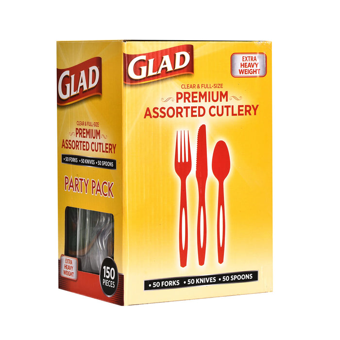 Glad Premium Assorted Plastic Cutlery | Clear Extra Heavy Duty forks, Knives, And Spoons | 150 Piece Set of Disposable Party Utensils, and Sturdy Cutlery