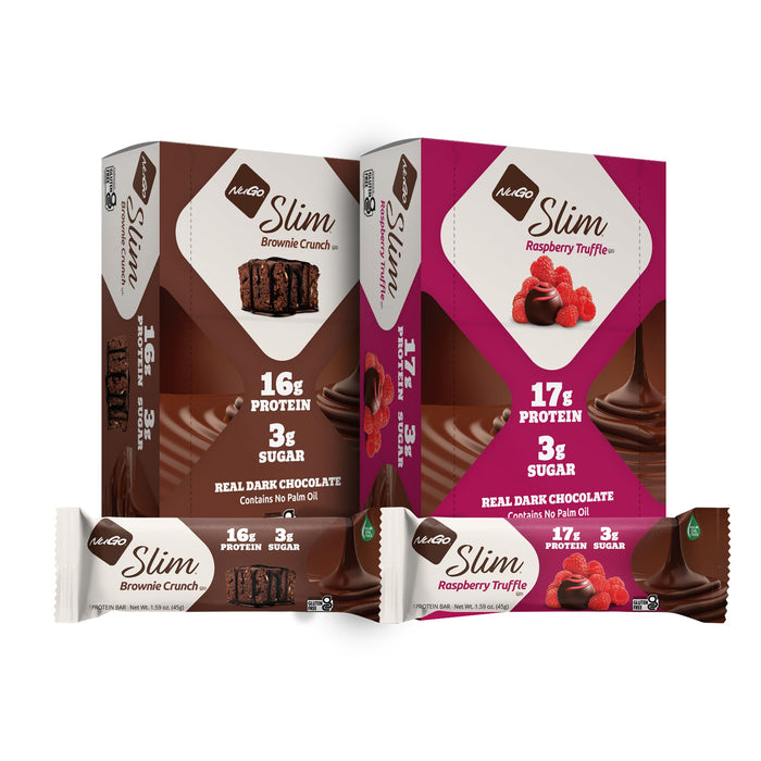 NuGo Slim Variety - Brownie Crunch 12 Bars & Raspberry Truffle 12 Bars, Low Net Carb, Keto Friendly, Gluten Free, 24 Count