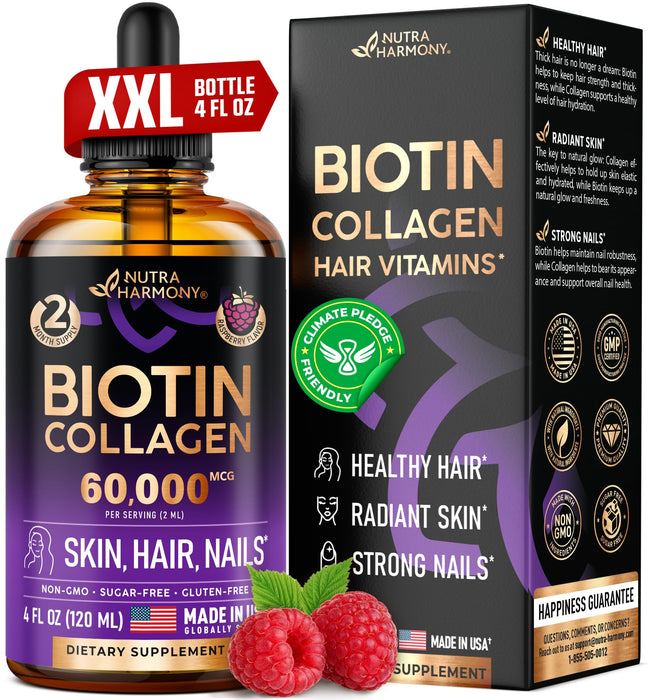 Liquid Biotin & Collagen - Vitamins for Hair Growth Support for Women & Men - Extra Strength 60000 mcg Drops - B7 Supplement - Strong Nails & Healthy Skin - 98% Faster Absorption Than Pills