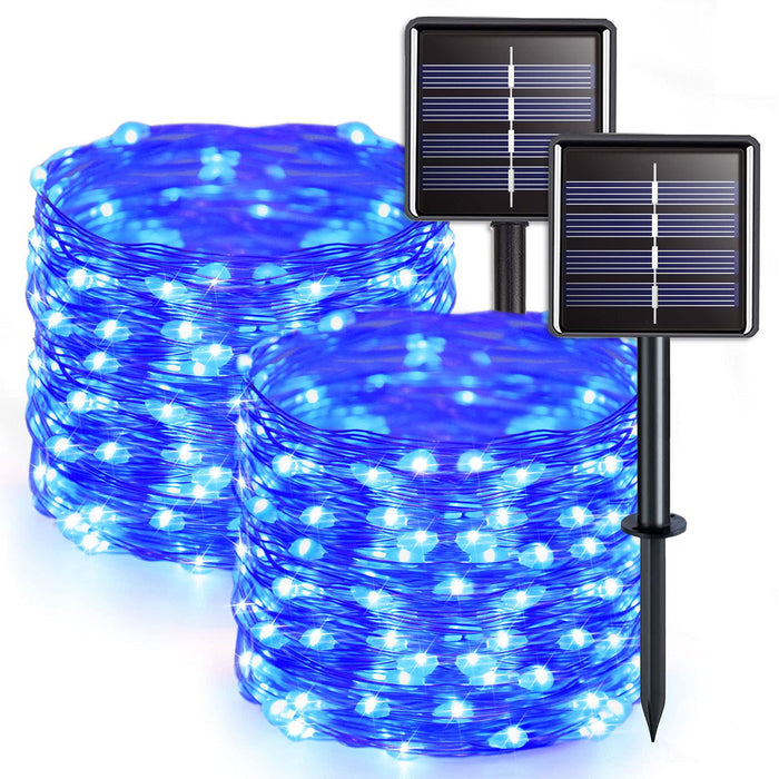 JMEXSUSS 2 Pack Blue Solar Christmas Lights, 33ft 100 LED Solar String Lights Outdoor Waterproof, 8 Modes Copper Wire Mini Solar Fairy Lights for Outside Patio Garden Tree Party Christmas Decorations