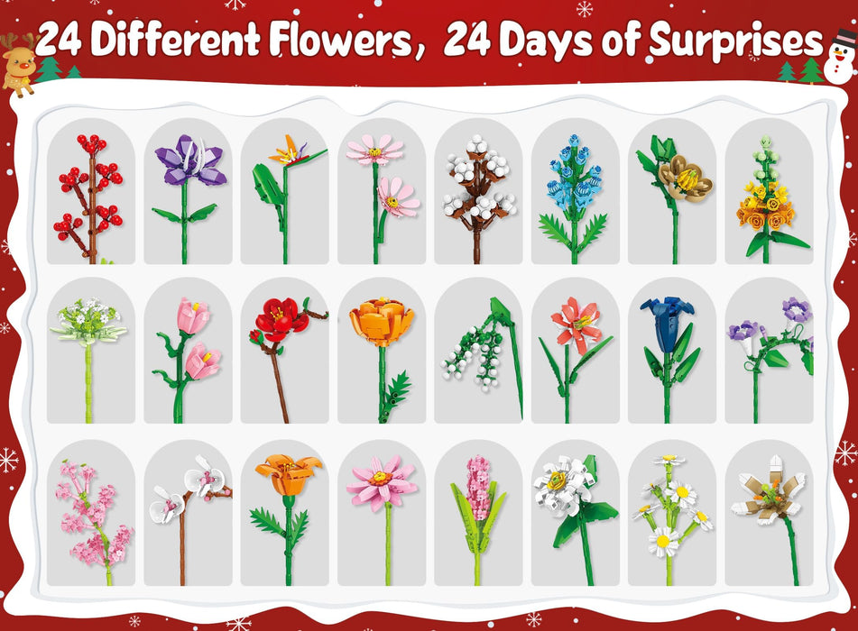 Advent Calendar 2024 for Kids Adults Teens, 24 Days STEM Flower Bouquet Building Blocks Christmas Countdown Calendar Gifts Box with Artificial Flowers Bricks Toy Set for Boys Girls Women Men Age 6+