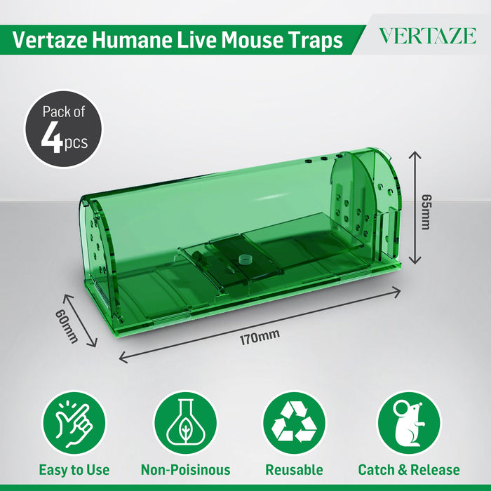 Vertaze Humane Mouse Traps Indoor for Home | Catch and Release Reusable No Kill Multiuse Live Mouse Traps for Indoor/Outdoor Use | Safe for Family and Pets Easy Set (4 Pack)