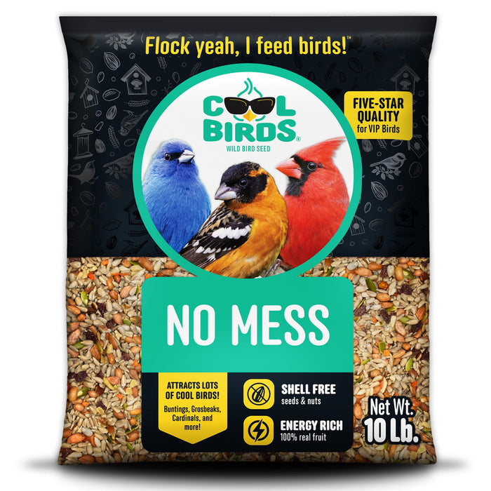 Cool Birds No Mess with Fruit Wild Bird Seed – 10 lb. 100% Edible Shell-Free Blend with Sunflower Hearts, Peanuts, Tree Nuts, Pumpkin Seed & Real Fruit – No Waste Bird Seed for Outside Feeders