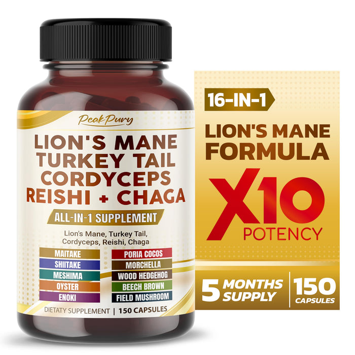 PEAKPURY Lion's Mane 6000mg Turkey Tail 6000mg Cordyceps 3000mg Reishi 3000mg Chaga 3000mg - Overall Wellness Support- Made in USA