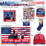 DOSMINE Supporter Kit Trump 2024 Flag 3 * 5ft Trump Survived Shot Fight Trump Flag Banner Trump Stickers Trump Hat Trump Socks Trump Keychain Heat transfer Sticker Trump Bracelets