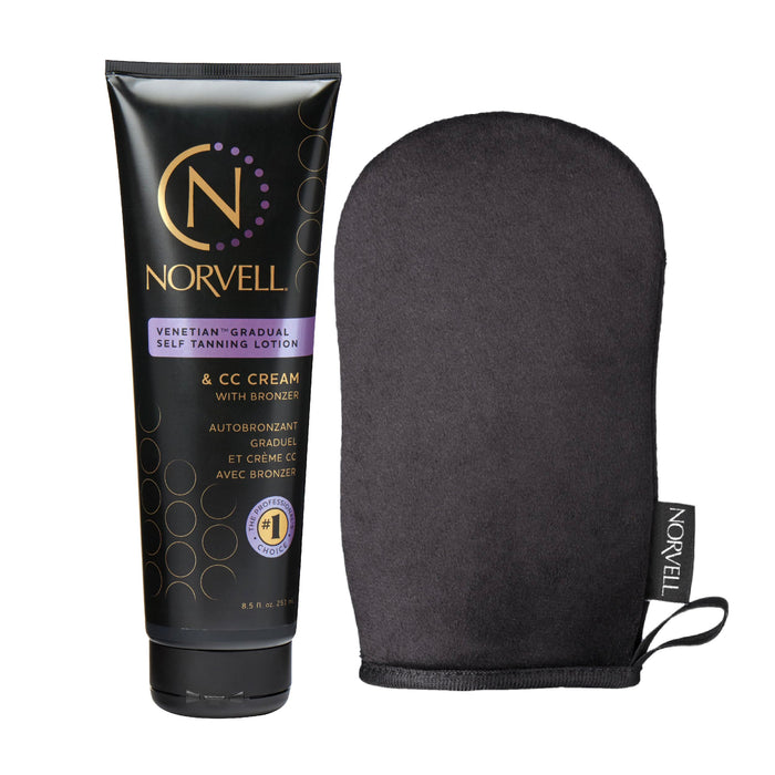 Norvell Sunless Self Tanning Bundle: Self Tan Extender Lotion, 8,5 fl. oz. + Streak Free Tan Applicator Mitt - Premium After Tanning Lotion Moisturizer and Washable Self Tan Mitt for Flawless Results