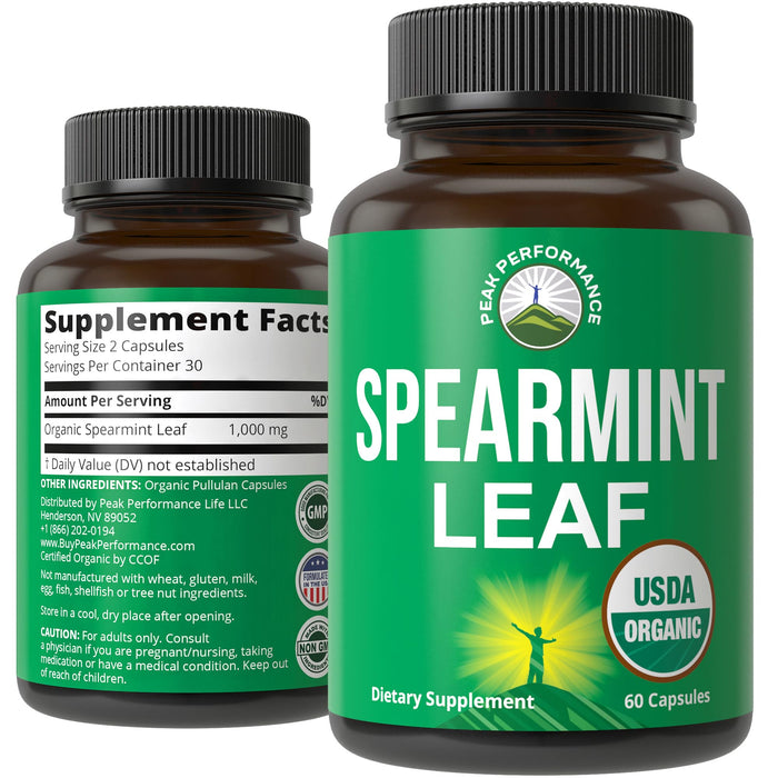 USDA Organic Spearmint Capsules. Organic Vegan Spearmint Leaf Pills for Acne, Digestive Support, Ingestion, PCOS, and More. USA Tested Supplement for Women and Men.