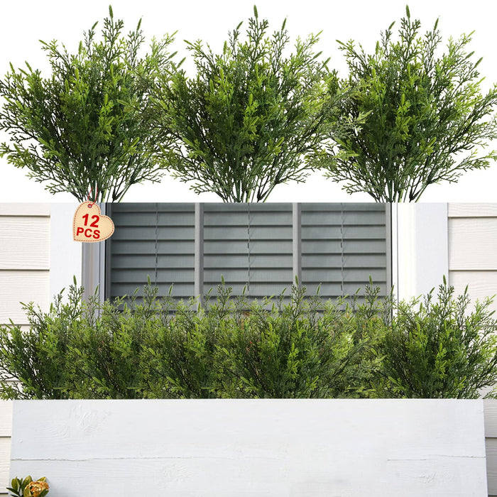 Yoratee Artificial Outdoor Plants 12 PCS Christmas Fake Cedar Pine Stems UV Resistant Faux Greenery Branches for Window Boxes Planters Garden Porch Home Decor