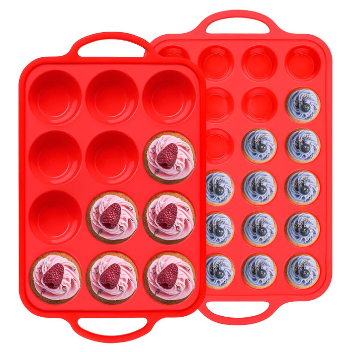AOTASO Regular 12 Cup and Mini 24 Cup Nonstick Cupcake Pan Set Silicone Muffin Pan for Baking Silicone Cupcake Mold with Metal Reinforced Frame BPA Free (2 Pcs, Red)