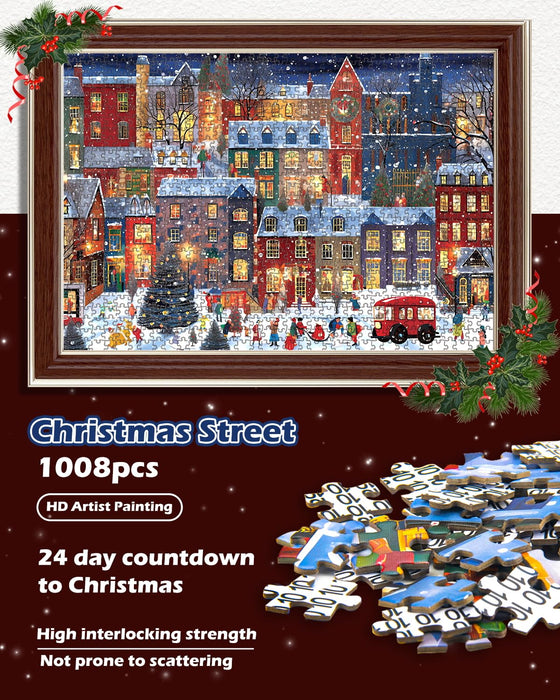 Jigsaw Puzzle Advent Calendar 2024 for Adult Kids-24 Box Christmas Countdown Calendar Family Puzzle Game,Christmas Street,1008 Piece,19.7 inches x 27.6 inch