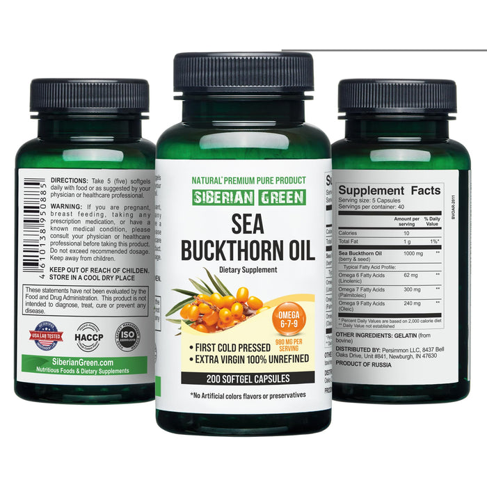 Siberian Sea Buckthorn Oil Capsules 200 Softgels | from Wild-harvested Siberian Sea Buckthorn Berries | Oil Cold Pressed Unrefined Gluten Free Non-GMO Premium Omega 7